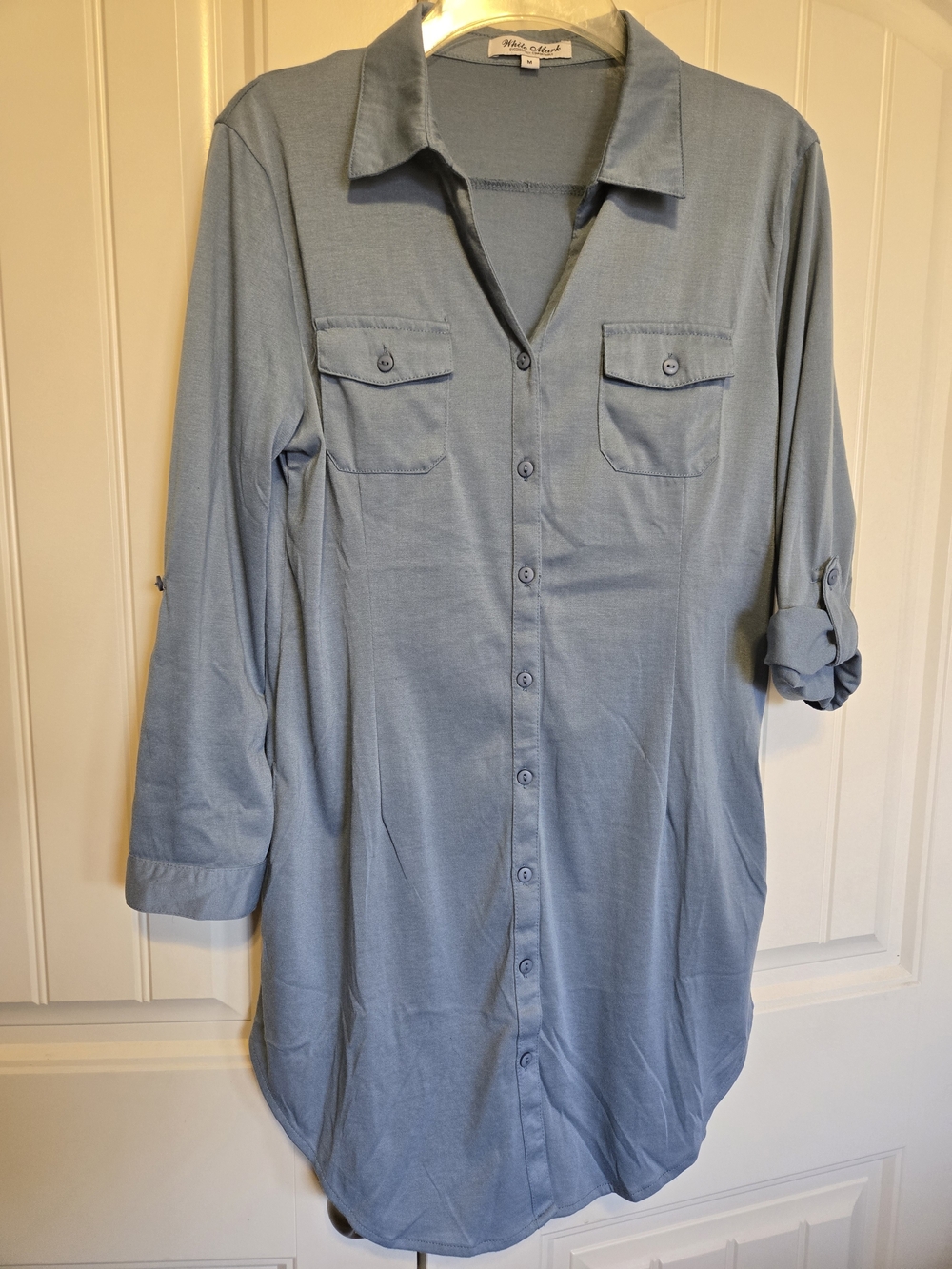 White Mark Light Blue Button-Front Tunic Shirt